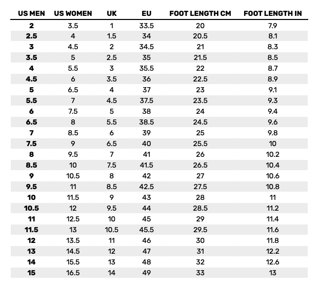 2026 Etnies Footwear  Size Chart